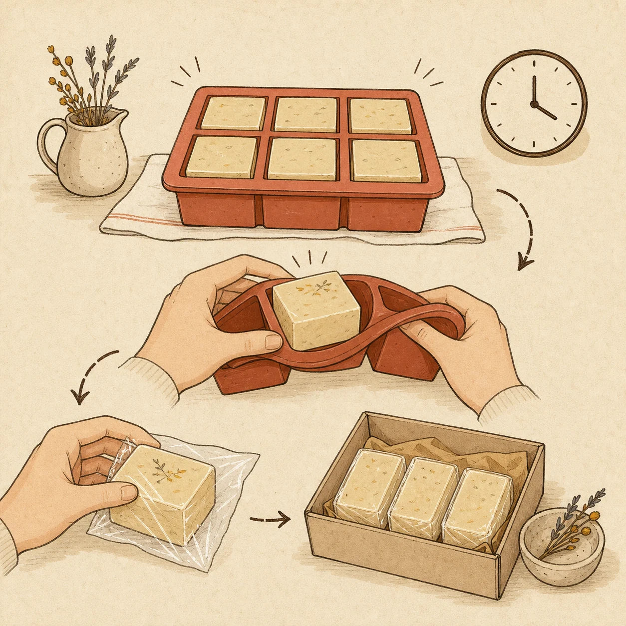 Hand-drawn soap bars cooling, being unmolded and wrapped for storage