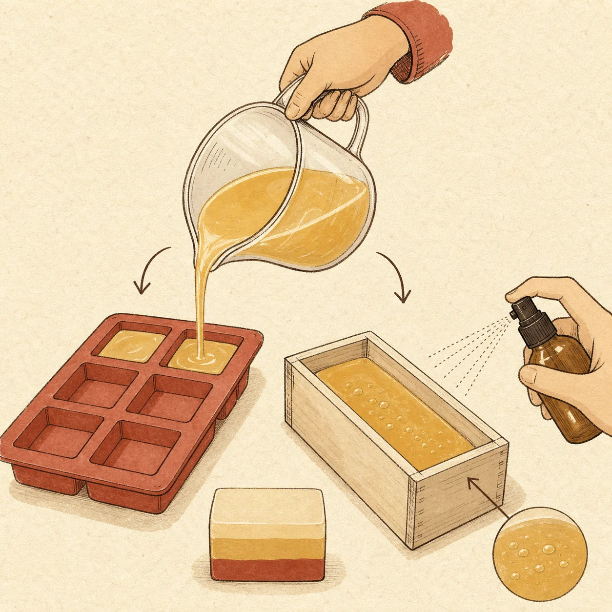 Hand-drawn melted soap being poured into silicone cavity and loaf molds