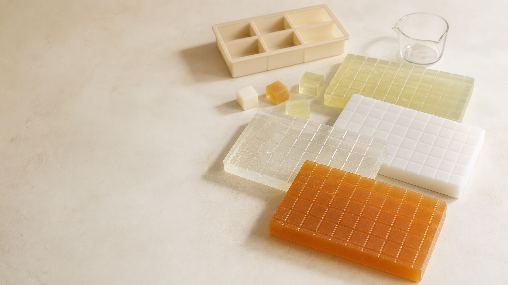 Clear, white, honey amber and pale olive scored soap base bricks