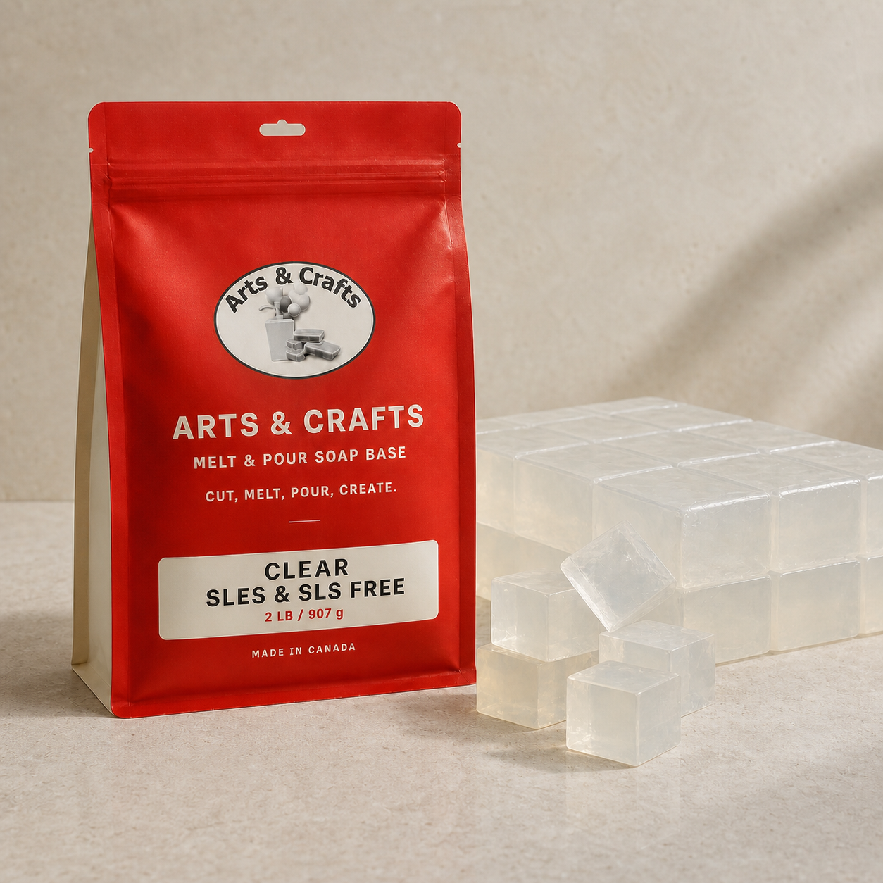 Clear SLES & SLS Free Melt & Pour Soap Base packaging and soap base