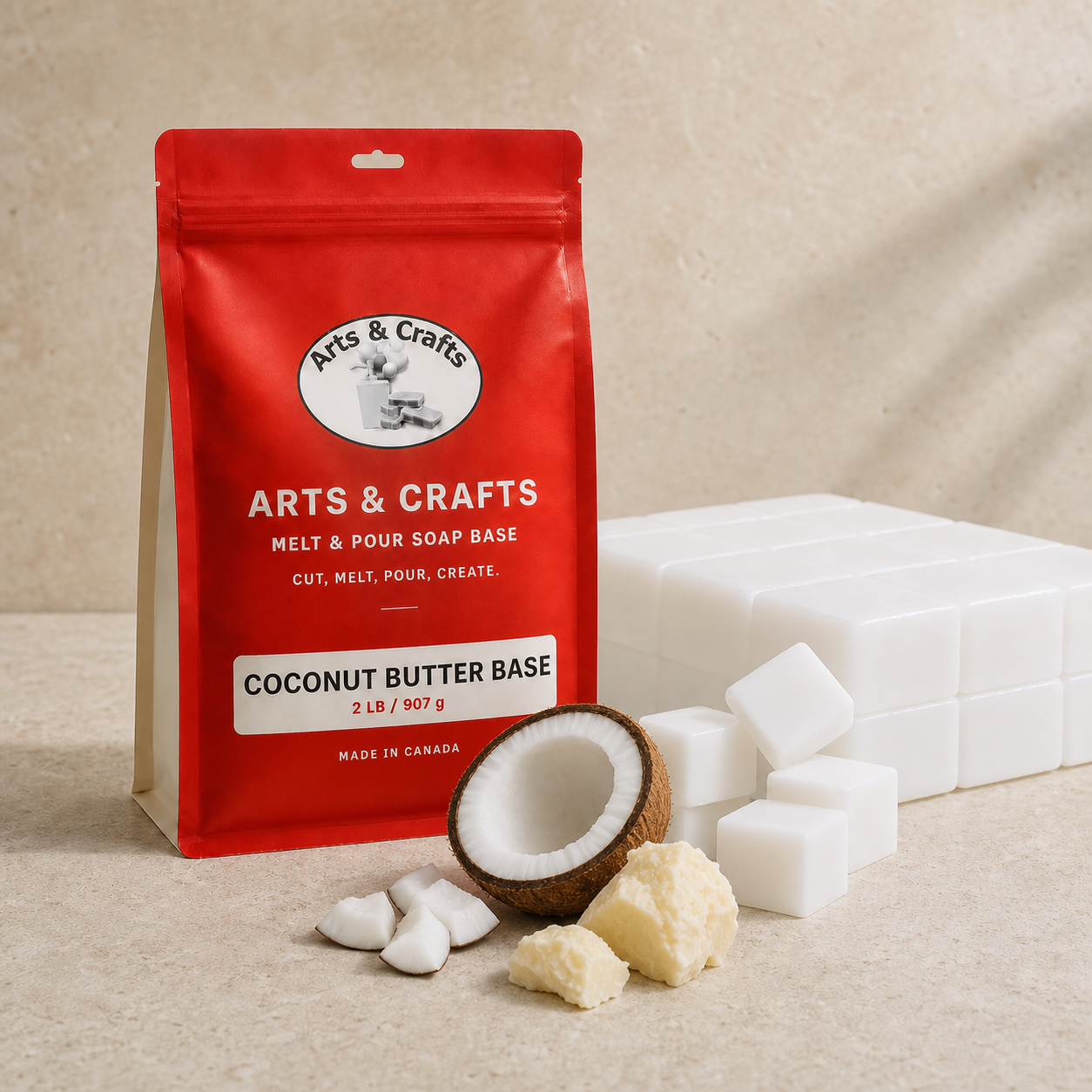 Coconut Butter Melt & Pour Soap Base packaging and soap base