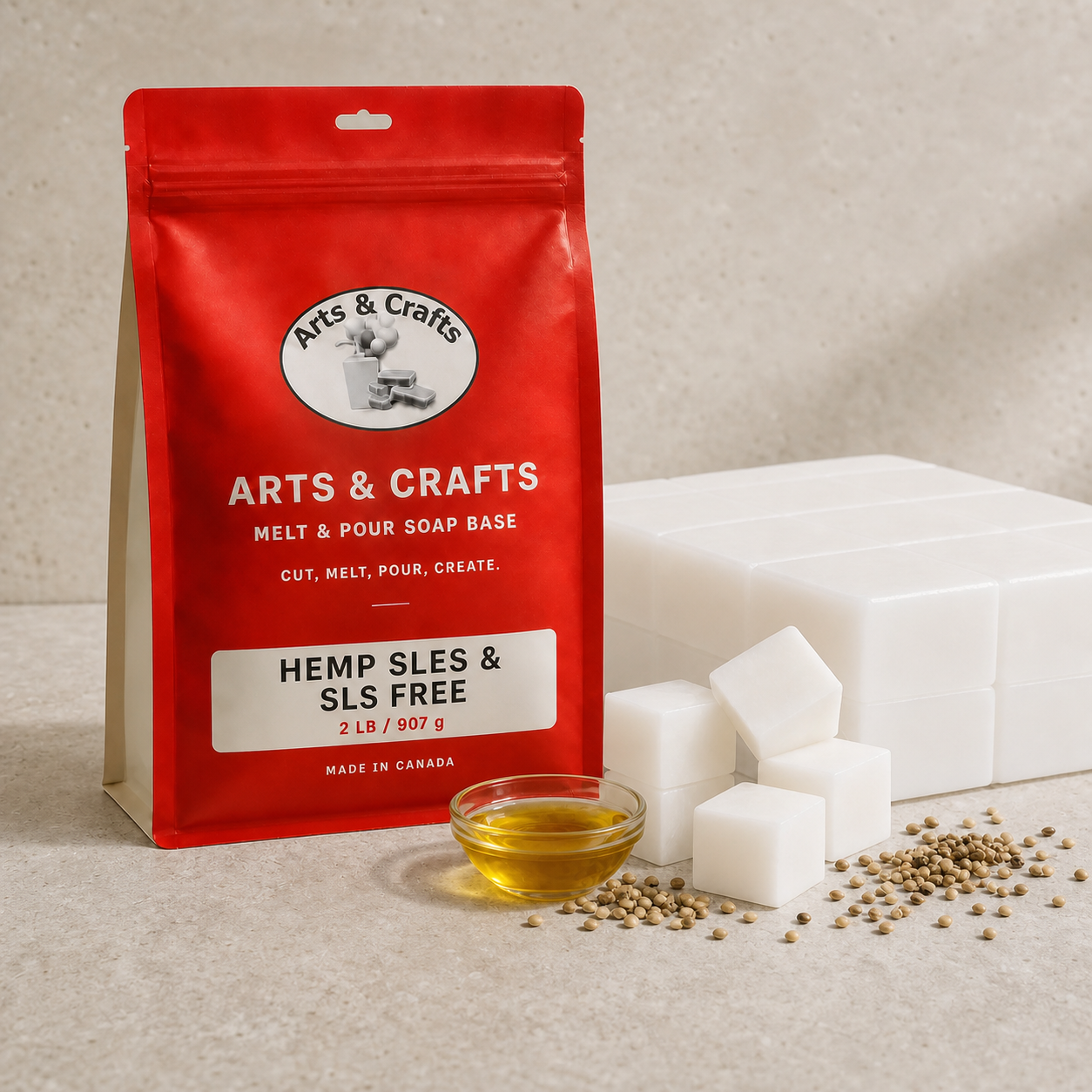 Hemp SLES & SLS Free Melt & Pour Soap Base packaging and soap base