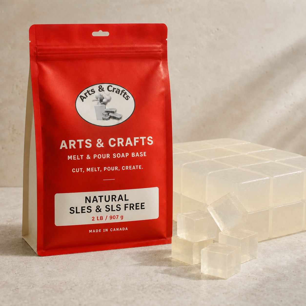 Natural SLES & SLS Free Melt & Pour Soap Base packaging and soap base