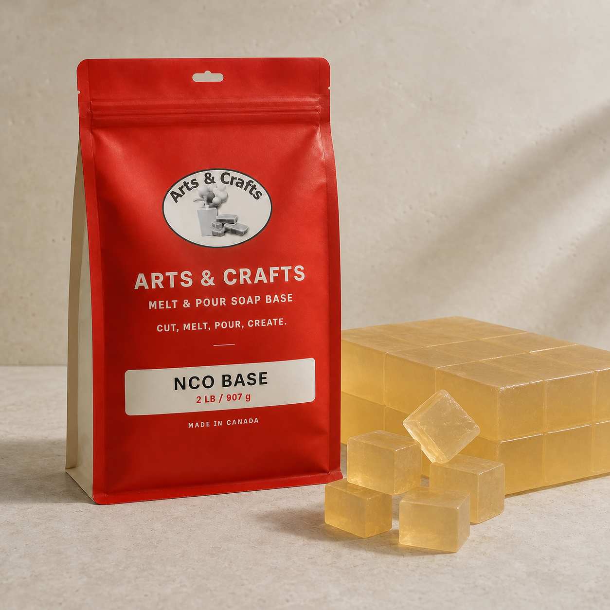 NCO - Non-Certified Organic Melt & Pour Soap Base packaging and soap base