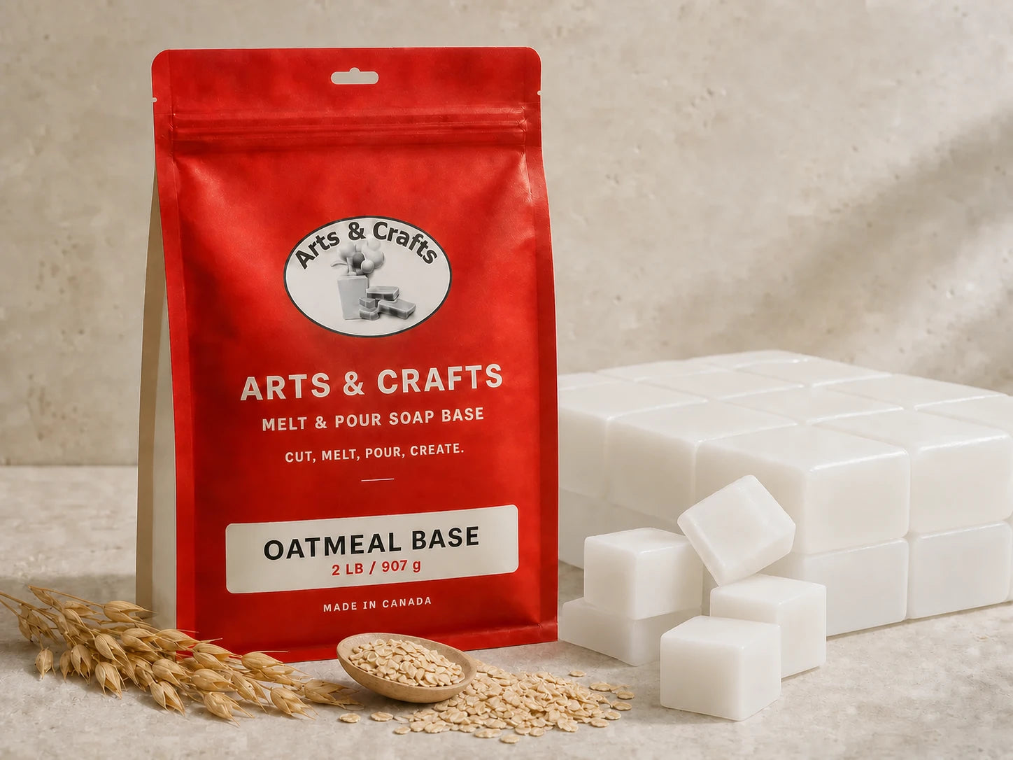 Oatmeal melt and pour soap base with Arts and Crafts packaging, opaque white soap, rolled oats and oat stalks