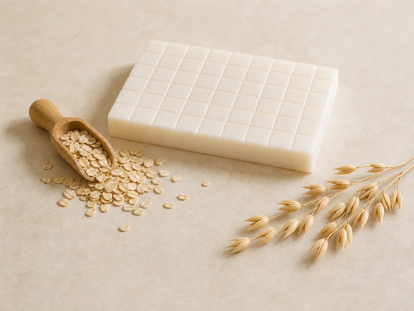 Opaque white Oatmeal melt and pour soap base with rolled oats and oat stalks