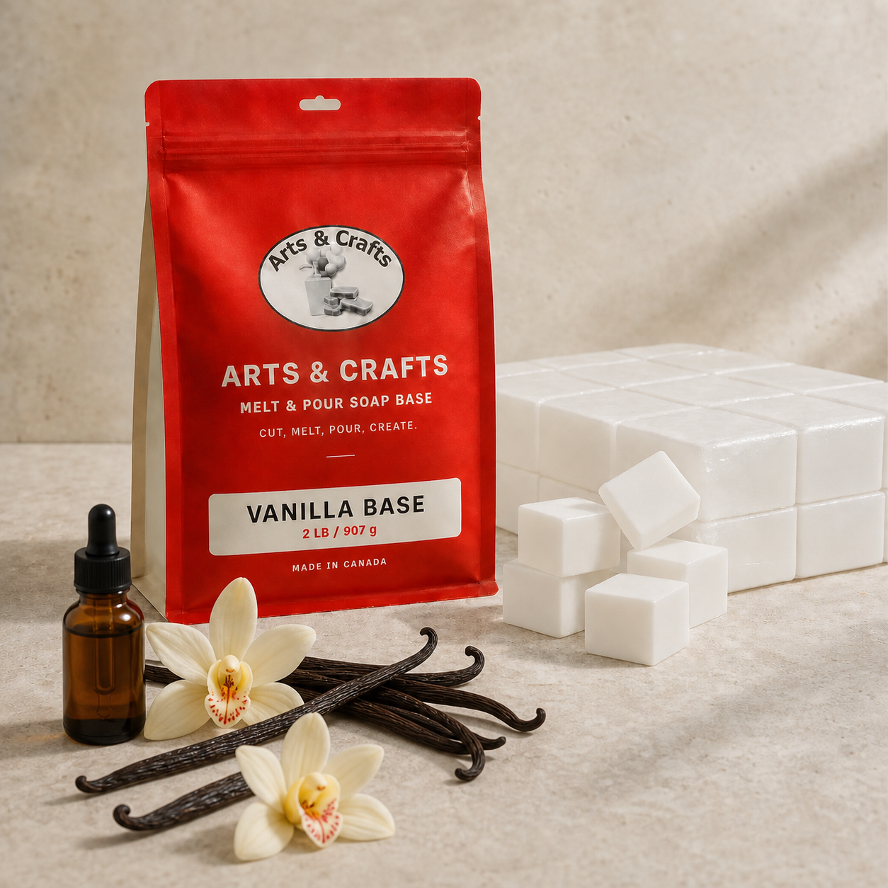 Vanilla Melt & Pour Soap Base packaging and soap base