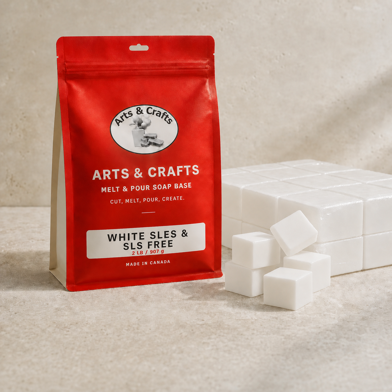 White SLES & SLS Free Melt & Pour Soap Base packaging and soap base