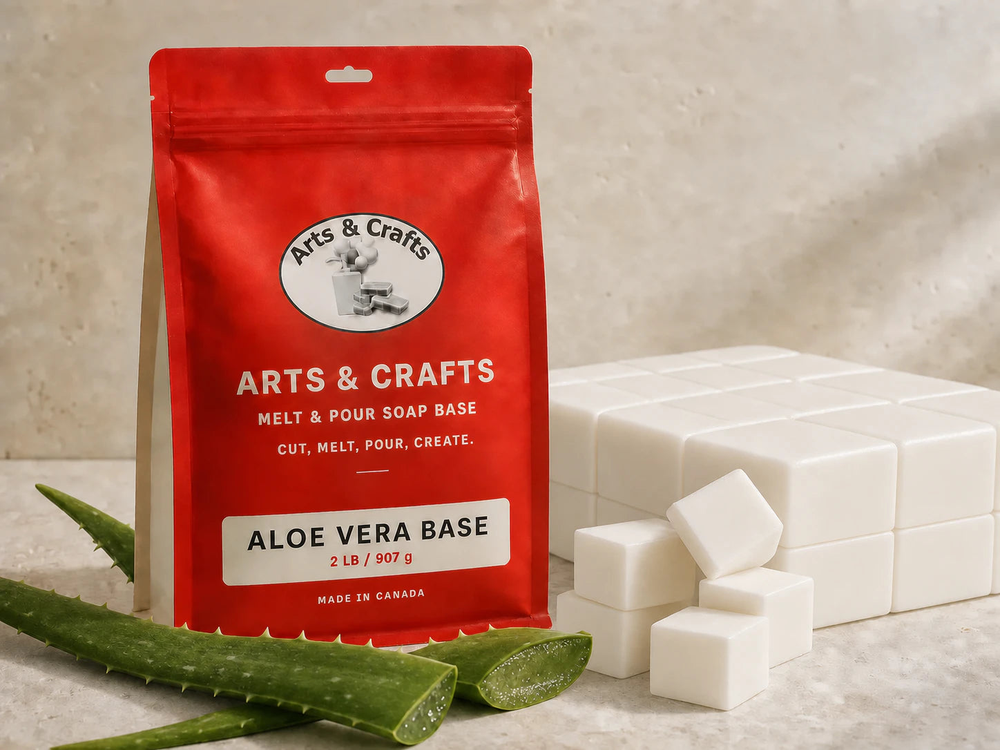 Aloe vera soap base with Arts and Crafts packaging, opaque white soap and aloe leaves