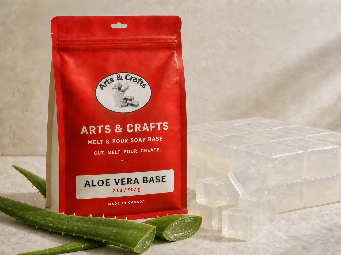 Aloe vera soap base with Arts and Crafts packaging, clear transparent soap and aloe leaves