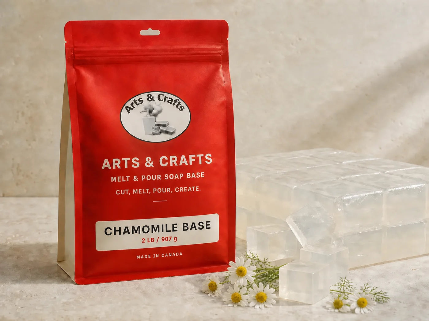 Chamomile soap base with Arts and Crafts packaging and chamomile flowers