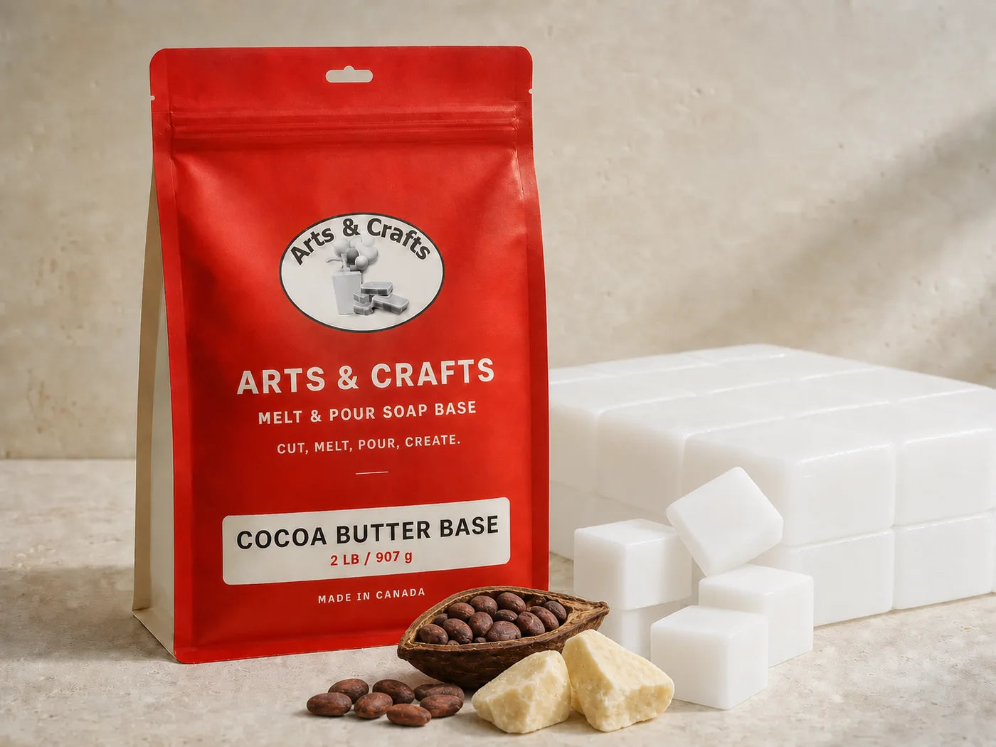 Cocoa butter soap base with Arts and Crafts packaging, cocoa beans and cocoa butter