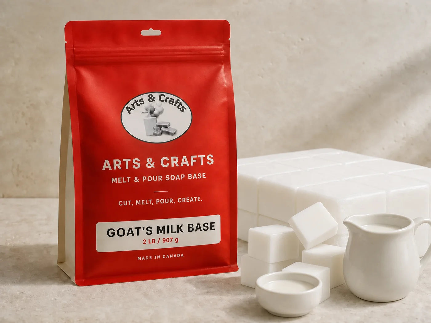 Goat milk soap base with Arts and Crafts packaging and milk pitcher