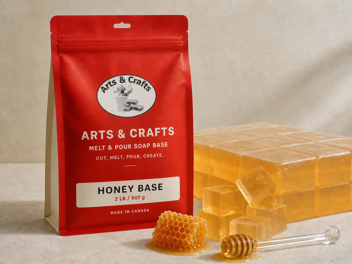 Honey soap base with Arts and Crafts packaging and honeycomb