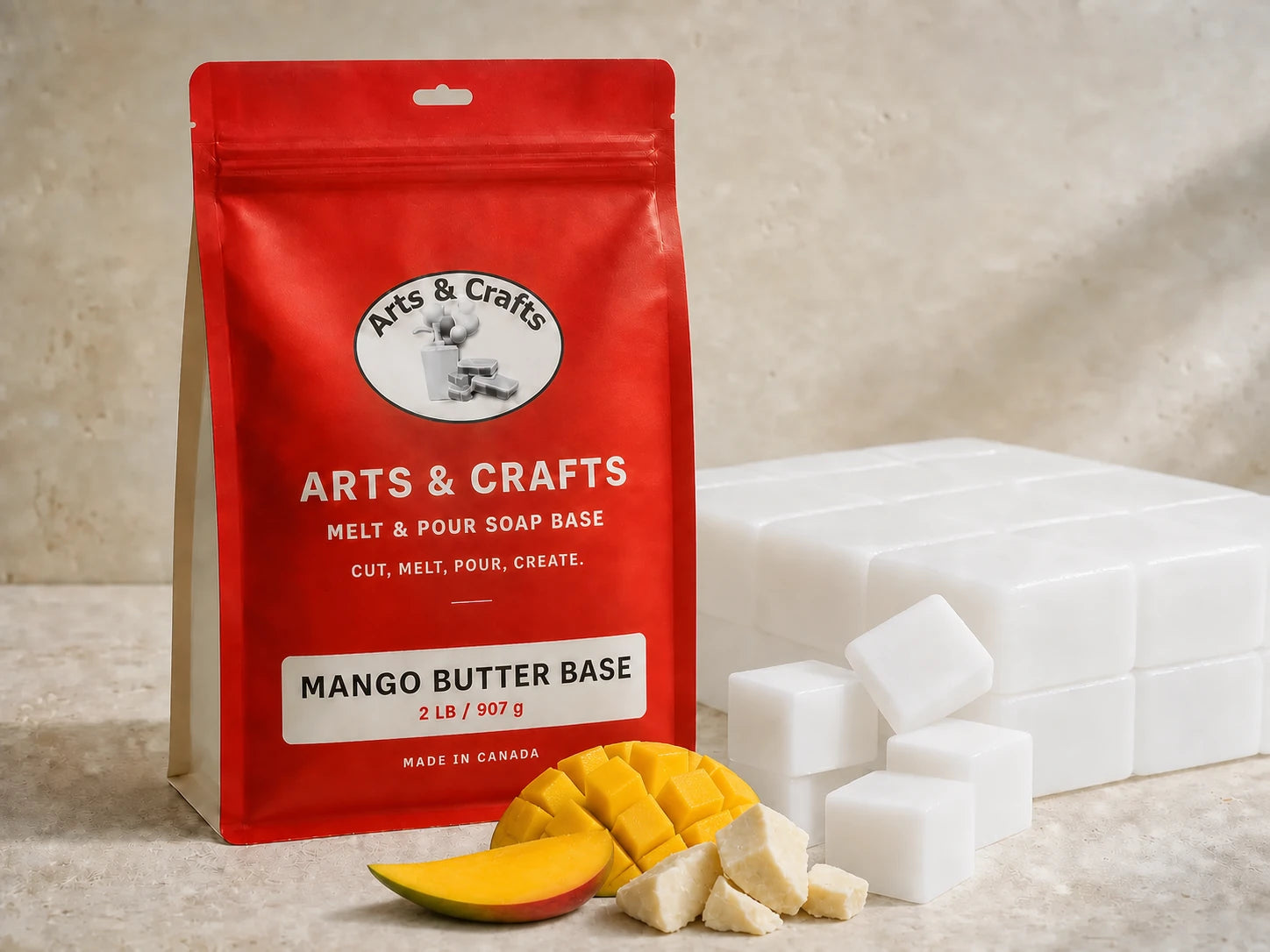 Mango butter soap base with Arts and Crafts packaging, ripe mango and mango butter