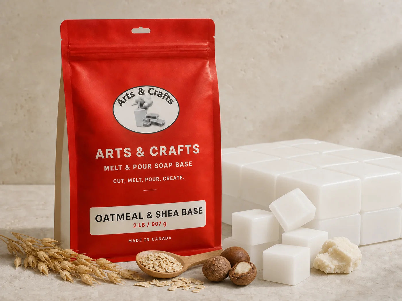 Oatmeal and shea soap base with Arts and Crafts packaging, oats and shea butter