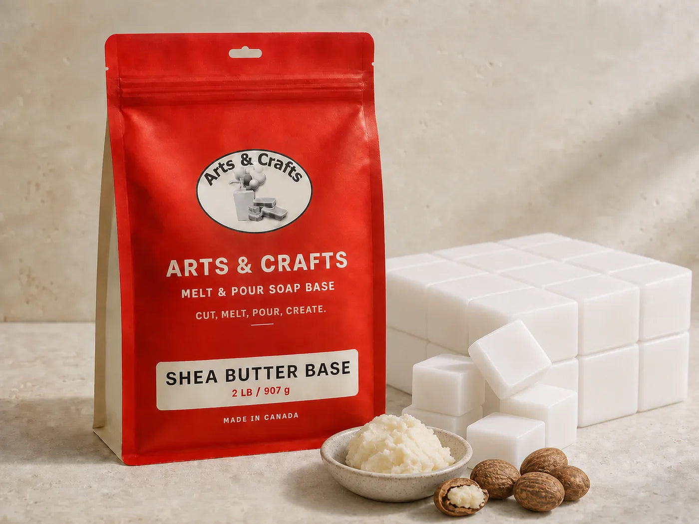 Shea butter soap base with Arts and Crafts packaging and shea butter