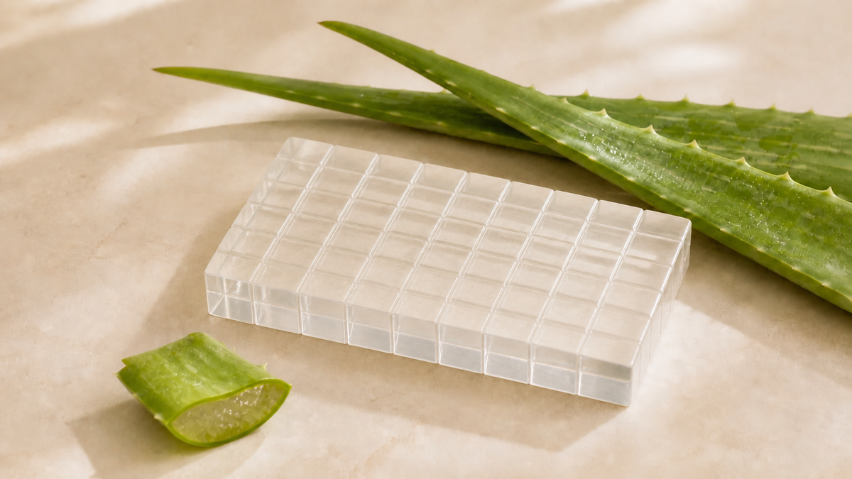 Clear transparent scored Aloe Vera melt and pour soap base with fresh aloe leaves