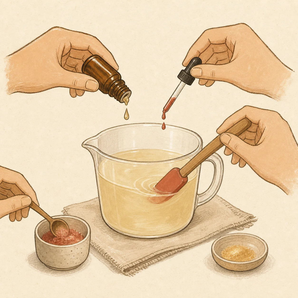 Hand-drawn soap-safe fragrance, liquid color and mica being mixed into melted soap