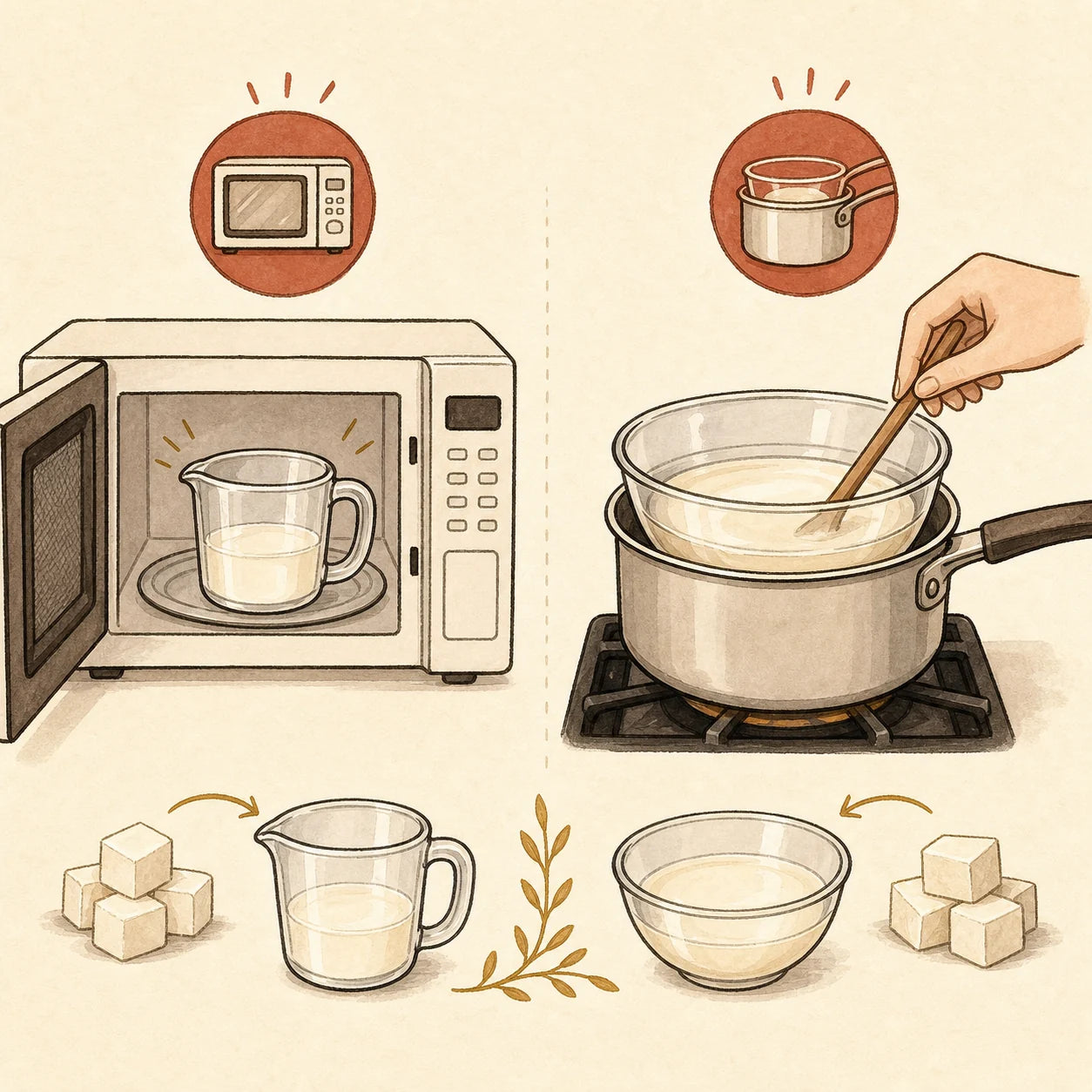 Hand-drawn microwave and double boiler methods for gently melting soap base