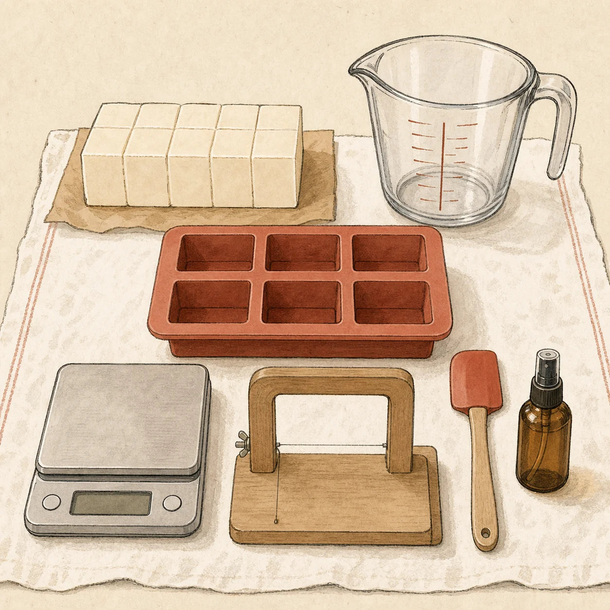 Hand-drawn soap-making tools including a mold, scale, soap cutter, pitcher and spatula