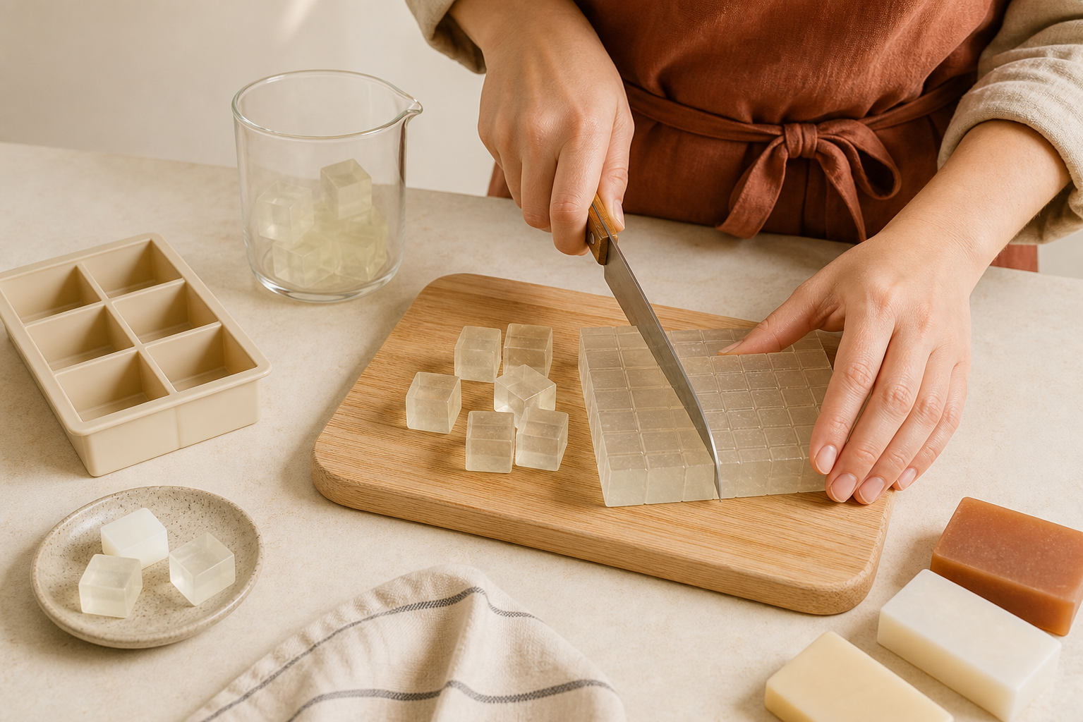 Hands carefully cutting a scored clear soap base brick